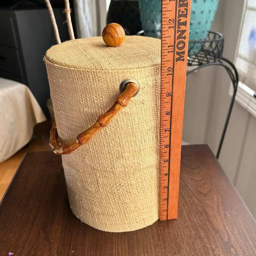 Vintage Mid-Century Modern Tall Grass Cloth Ice Bucket with Bamboo Handle